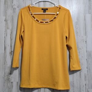 By Design Captiva Golden Yellow 3/4 Sleeve Silver Scoop Neck Knit Top Large